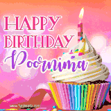 A vibrant birthday GIF featuring a rainbow-colored cupcake topped with white frosting, sprinkles, and a lit candle. The text reads 'Happy Birthday Poornima' in bold pink and violet letters with white outline.
