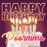A colorful birthday cake topped with lit candles, with the words 'Happy Birthday Poornima' in bold glowing letters on a burgundy background. Animated flames add a festive touch.