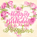 A stunning heart made of pink roses surrounds the elegant script text 'Happy Birthday Poornima' on a soft beige background. Animated sparkles add a magical and festive feel.
