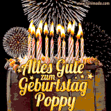 A chocolate birthday cake with glowing candles, the German text 'Alles Gute zum Geburtstag Poppy,' and vibrant fireworks lighting up the background in an animated GIF.