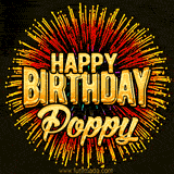 Golden 'Happy Birthday Poppy' text accompanied by animated rainbow fireworks for a festive animated greeting.