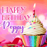 A vibrant birthday GIF featuring a rainbow-colored cupcake topped with white frosting, sprinkles, and a lit candle. The text reads 'Happy Birthday Poppy' in bold pink and violet letters with white outline.
