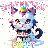 Adorable party-themed animated cat next to a lit birthday cake with text that says 'Happy Birthday Poppy,' surrounded by colorful decorations and sparkles.