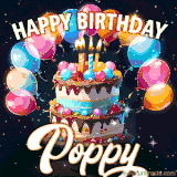 Bright birthday animation for Poppy with a chocolate cake, candles, balloons, and glowing celebratory lights.