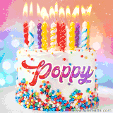 A cheerful white birthday cake with multicolor sprinkles, lit candles, and 'Poppy' written in vibrant letters, in an animated GIF.