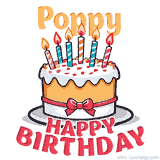 Cartoon birthday cake with a red bow, glowing candles, and 'Poppy Happy Birthday' text in bold animated style.