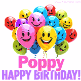 Animated colorful and joyful birthday balloons with cheerful smiles and a bright 'Happy Birthday Poppy!' message in pink and purple.