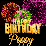 A golden 'Happy Birthday Poppy' message with vibrant fireworks in the background, creating a festive and celebratory vibe in this animated name GIF.