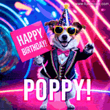 Animated GIF of a cool dog wearing a suit and sunglasses, holding a 'Happy Birthday' sign for Poppy, set against a bright and colorful neon party background.