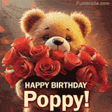Cinematic style cute animated teddy bear with charming features holding a large bouquet of red roses, the words say 'Happy Birthday Poppy' in sans serif font.
