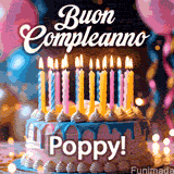 Birthday cake topped with pink and yellow lit candles, surrounded by glowing bokeh lights and party balloons. The greeting 'Buon Compleanno Poppy GIF!' is displayed.