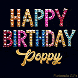 Vibrant luxury birthday greeting card for Poppy, showing glittering gemstone letters and golden calligraphy on a dark background with twinkling shine effects.