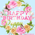 A charming animated GIF featuring 'Happy Birthday Poppy' in pink and green text, surrounded by delicate roses, leaves, and fluttering butterflies on a soft light blue pastel background.