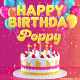 Pink-themed animated greeting with balloons, confetti, and a frosted cake under the message 'Happy Birthday Poppy' in bold rounded yellow font.