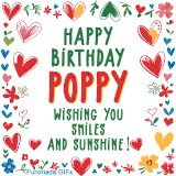 A colorful animated card for Poppy’s birthday featuring playful hearts, cheerful flowers, and a handwritten message wishing smiles and sunshine.