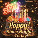 Close-up of a decorative chocolate cake with a glowing neon Happy Birthday sign and warm candle flames, made for Poppy.