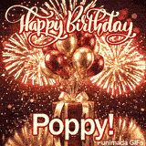 Close-up of a decorative gift box with a golden bow and warm glowing firework flames, made for Poppy.