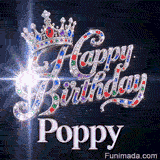 A luxury silver queen tiara with colorful gemstones sitting on top of sparkly diamond cursive letters spelling Happy Birthday Poppy.
