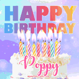 A vibrant animated name GIF with the words 'Happy Birthday Poppy' with colorful candles on a creamy cake. The background sparkles with pastel shades, adding a festive touch.