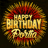 Golden 'Happy Birthday Portia' text accompanied by animated rainbow fireworks for a festive animated greeting.