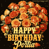 Animated bouquet of orange roses with moving butterfles and golden 'Happy Birthday Portia' text, surrounded by sparkling accents and a dark backdrop for a luxurious feel.