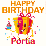 A vibrant and funny gift box character with a happy face dancing with a cupcake and the text 'Happy Birthday Portia,' surrounded by animated confetti and party vibes.