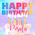 Animated Happy Birthday Cake with Name Posala and Burning Candles