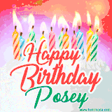 Bright birthday candles with rainbow flames on a cake, alongside the text 'Happy Birthday Posey' in vibrant script in this celebratory animated GIF.