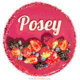 Beautifully decorated red velvet berry birthday cake with vibrant fruits and a glowing 'Posey' name, adding a touch of sweetness and sparkle.