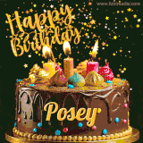 A delightful chocolate birthday cake with bright candles and 'Happy Birthday Posey' written in gold amidst a shower of animated stars.