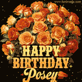 Animated bouquet of orange roses with moving butterfles and golden 'Happy Birthday Posey' text, surrounded by sparkling accents and a dark backdrop for a luxurious feel.