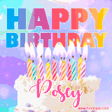 A vibrant animated name GIF with the words 'Happy Birthday Posey' with colorful candles on a creamy cake. The background sparkles with pastel shades, adding a festive touch.