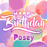 A vibrant name GIF featuring colorful balloons in shades of pink, orange, and yellow with the bold text 'Happy Birthday Posey' in festive fonts, creating a lively birthday vibe.