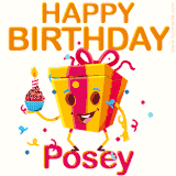 A vibrant and funny gift box character with a happy face dancing with a cupcake and the text 'Happy Birthday Posey,' surrounded by animated confetti and party vibes.