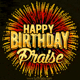 Golden 'Happy Birthday Praise' text accompanied by animated rainbow fireworks for a festive animated greeting.