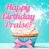 A festive cupcake with pink icing, a gingham bow, and a lit animated sparkler, paired with 'Happy Birthday Praise!' in bright pink text.