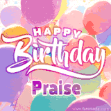 A vibrant name GIF featuring colorful balloons in shades of pink, orange, and yellow with the bold text 'Happy Birthday Praise' in festive fonts, creating a lively birthday vibe.