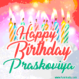 Bright birthday candles with rainbow flames on a cake, alongside the text 'Happy Birthday Praskoviya' in vibrant script in this celebratory animated GIF.