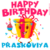 A vibrant and funny gift box character with a happy face dancing with a cupcake and the text 'Happy Birthday Praskoviya,' surrounded by animated confetti and party vibes.