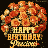 Animated bouquet of orange roses with moving butterfles and golden 'Happy Birthday Precious' text, surrounded by sparkling accents and a dark backdrop for a luxurious feel.