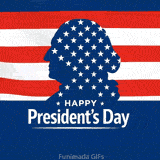 Creative graphic of the first US president in profile, filled with a star pattern. The background mimics the American flag. Large text below says 'Happy President's Day'.