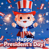 A cute 3D cartoon figure dressed as Uncle Sam holding two bright sparklers. He wears a striped top hat and smiles amidst falling confetti. 'Happy President's Day!' text sits at the bottom.