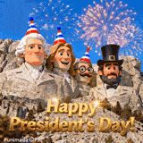 Four animated presidents carved into rock celebrate with fireworks. Washington, Jefferson, and Roosevelt wear red, white, and blue hats. Shiny text at the bottom says 'Happy President’s Day!'.