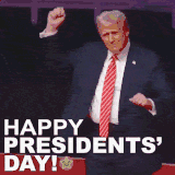 Animated GIF of former U.S. President Donald Trump dancing on stage in a navy suit and red tie. The text ‘Happy Presidents’ Day!’ appears at the bottom with a festive touch.