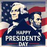 A moving animation of George Washington and Abraham Lincoln’s portraits set against the waving American flag, with the message ‘Happy Presidents’ Day’ in bold white text.
