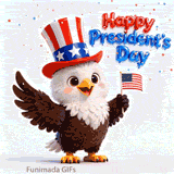 A sweet and spirited President's Day GIF. The adorable bird character and the festive balloon typography create a fun and friendly visual for celebrating the USA.