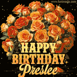 Animated bouquet of orange roses with moving butterfles and golden 'Happy Birthday Preslee' text, surrounded by sparkling accents and a dark backdrop for a luxurious feel.