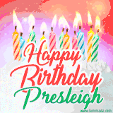 Bright birthday candles with rainbow flames on a cake, alongside the text 'Happy Birthday Presleigh' in vibrant script in this celebratory animated GIF.