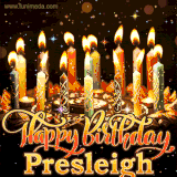 A glowing personalized birthday GIF with name Presleigh featuring lit candles with intricate designs, warm lighting, and the text 'Happy Birthday' in an elegant font.