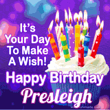 A colorful birthday GIF for Presleigh featuring a cupcake with vibrant lit candles and the text 'It's Your Day to Make a Wish! Happy Birthday Presleigh' in bold letters on a festive purple background.